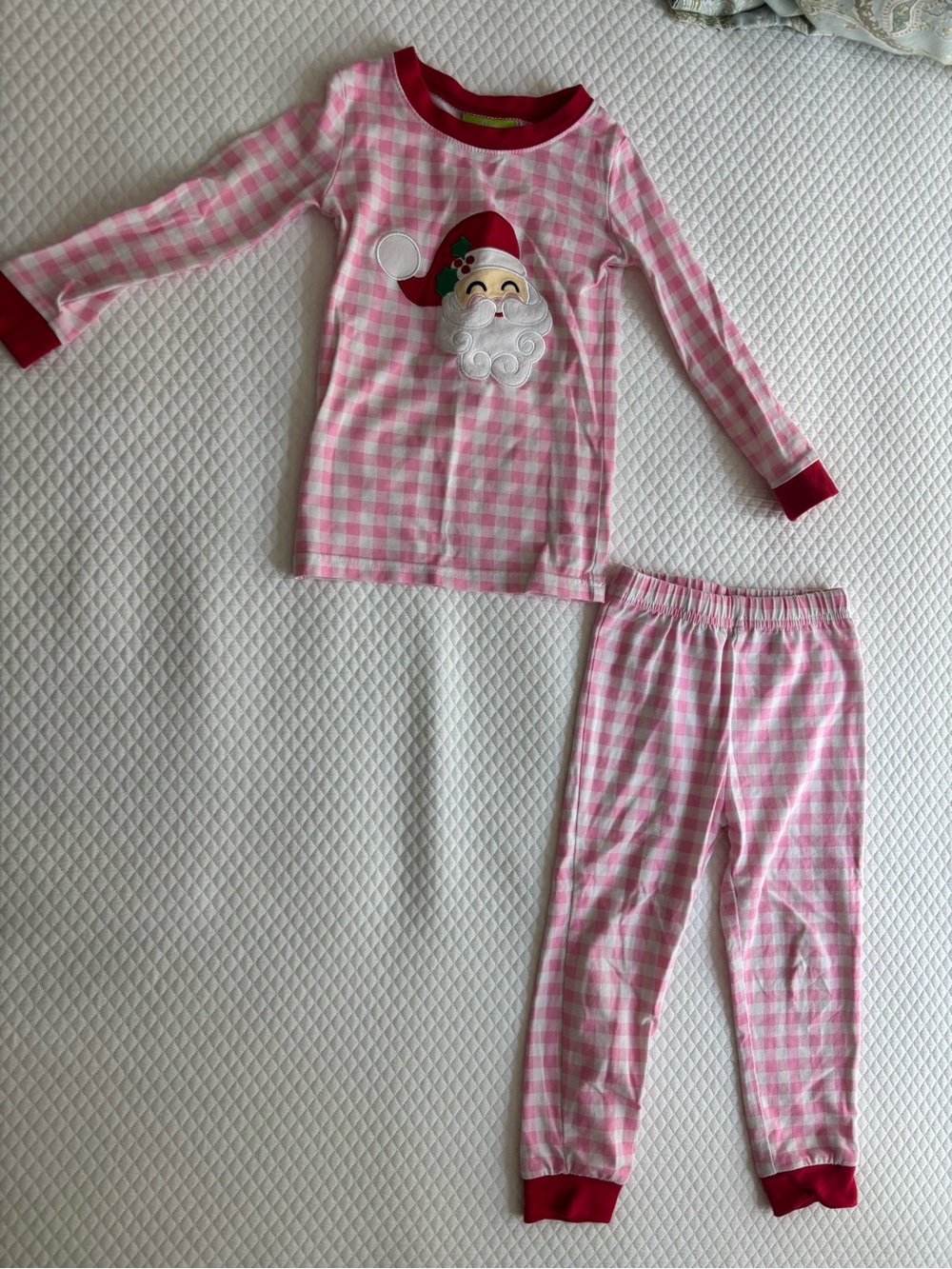 Classic Whimsy- Pink Gingham with Appliqué Santa Kids Pajama Set